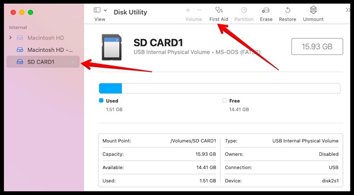 Repair damaged SD card in Disk Utility
