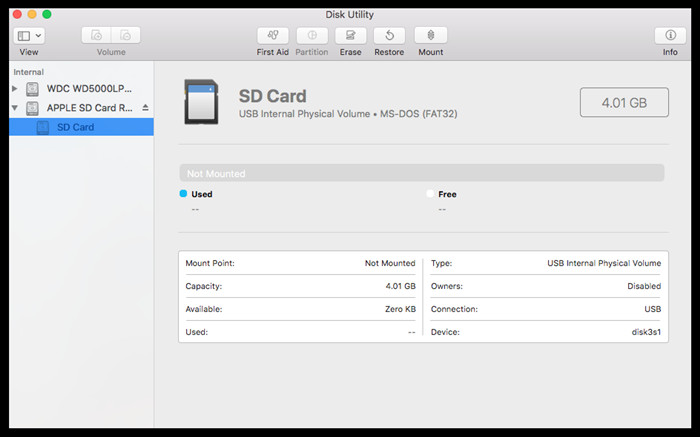Force SD card to mount in Disk Utility